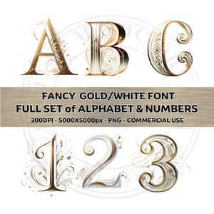Ensemble complet de polices de caractères or et blanc FANCY de l'alphabet et des chiffres Clipart PNG sublimination usage commercial ClipArt 300 DPI Party or polices de l'alphabet