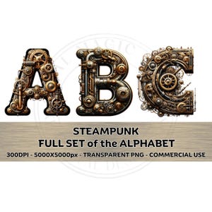 Könnte beinhalten: Ein Satz von Steampunk-Alphabetbuchstaben, A, B und C, aus Metallgetrieben und Zahnrädern. Die Buchstaben sind gold- und bronzefarben und haben einen abgenutzten, alten Look. Die Buchstaben sind auf weißem Hintergrund isoliert.