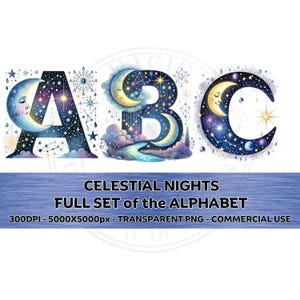 CELESTIAL NIGHTS sterren maan lettertypen volledige set van het alfabet clipart png transparante achtergrond sublimatie commercieel gebruik 300 dpi 5000 px