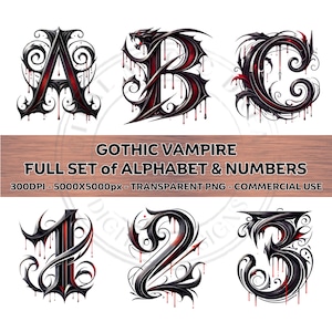 GOTHIC VAMPIRE Script Font Full Set of Alphabet & Numbers Clipart PNG Transparent Sublimination Commercial Use Halloween Art 300DPI 5000px