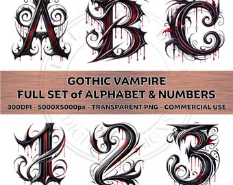GOTHIC VAMPIRE Script Font Full Set of Alphabet & Numbers Clipart PNG Transparent Sublimination Commercial Use Halloween Art 300DPI 5000px