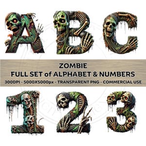 Fuente ZOMBIE Freak Halloween, conjunto completo de alfabeto y números, clipart PNG, fondo transparente, sublimación, fuentes de uso comercial, 300 DPI