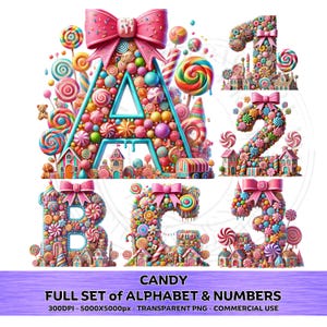 GODIS-TYPSNITT Full uppsättning alfabet och siffror Clipart PNG Transparent bakgrund Sublimering Kommersiellt bruk ClipArt 300 DPI Husgodis-typsnitt