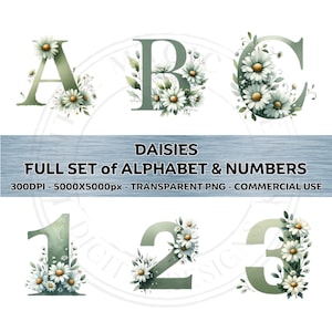 DAISY fiori carattere set completo alfabeto e numeri verde salvia lettere Clipart PNG sfondo trasparente subliminazione uso commerciale ClipArt