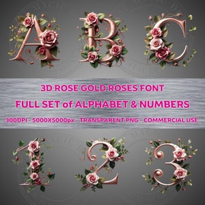 Ensemble complet de polices de roses 3D OR ROSE, alphabet et chiffres, clipart PNG fond transparent, sublimination à usage commercial, clipart 300 ppp rose