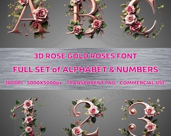 3D ROSE GOLD Roses Font Full Set of Alphabet & Numbers Clipart PNG Transparent Background Sublimination Commercial Use ClipArt 300DPI Pink