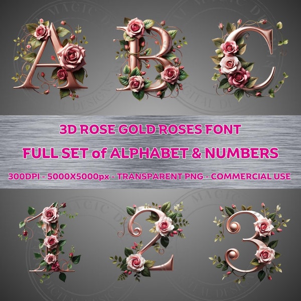 3D ROSE GOLD Roses Font Full Set of Alphabet & Numbers Clipart PNG Transparent Background Sublimination Commercial Use ClipArt 300DPI Pink