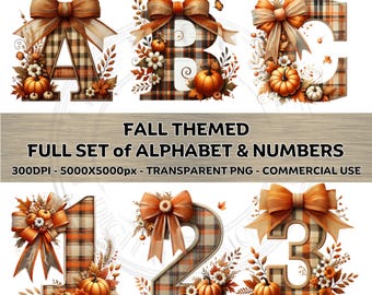 Op de afbeelding: Een set herfstthema letters en cijfers, elk versierd met een ruitpatroon, pompoenen en decoratieve strikken. De afbeelding bevat de tekst "FALL THEMED FULL SET of ALPHABET & NUMBERS".
