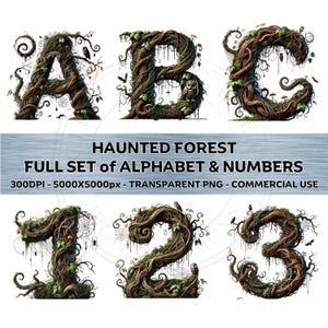 BOSQUE ENCANTADO Fuente de Halloween Conjunto completo de alfabeto y números, Clipart PNG Fondo transparente Subliminación Uso comercial Encantado 300DPI