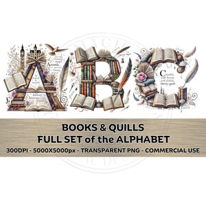 May include: A set of alphabet letters A, B, and C, each formed from stacked books and decorated with quills, flowers, and other literary elements. The letters are on a white background with the text "BOOKS & QUILLS FULL SET of the ALPHABET 300DPI - 5000X5000px - TRANSPARENT PNG - COMMERCIAL USE".