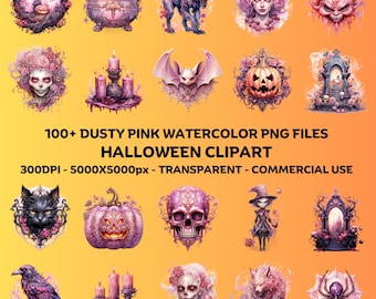 100+ Dusty Pink Watercolor Halloween Clipart PNG Set Transparent Background Halloween Clipart Commercial Use Goth Illustrations 300DPI  5000