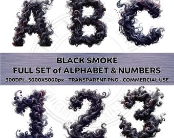 BLACK SMOKE Font Full Set of Alphabet & Numbers Clipart PNG Transparent Sublimination Commercial Use Gothic Letters Art 300DPI 5000px