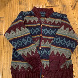 vintage thick wool handknit cardigan sweater with wooden buttons Nordic northern
