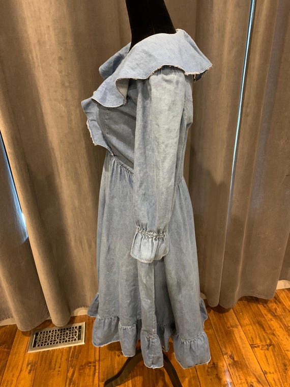 hippie denim dress Hippie Boho Ruffled Denim Dress 1970s Bohemian Western Prairie Jean Dress  Algo Romantic Ruffles 70s Prairie Prairiecore