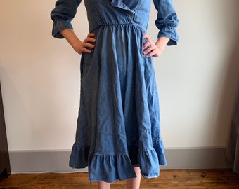 Hippie boho ruffled denim dress 1970s