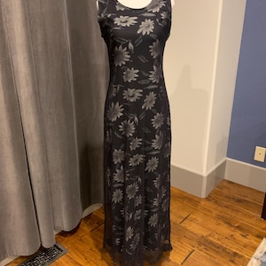 Y2k era vintage mesh maxi dress made in USA black and white floral minimalist