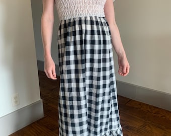 Vestido largo de cuadros vichy de los años 70 con encaje, estilo lechera, estilo pradera occidental, prairiecore