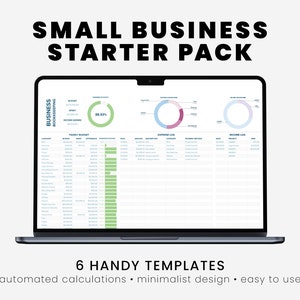 May include: A laptop screen displaying a spreadsheet with a business bookkeeping template. The spreadsheet includes a yearly budget, expense log, and income log. The template is designed for small businesses and includes automated calculations, a minimalist design, and is easy to use. The text on the screen reads "SMALL BUSINESS STARTER PACK" and "6 HANDY TEMPLATES".