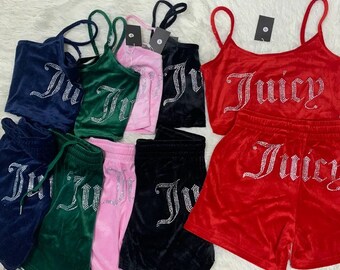 Juicy Top and Matching Shorts Two Piece Set Coture Women Pants Sets | Y2K Velour Tracksuit | Vintage Sweatsuit