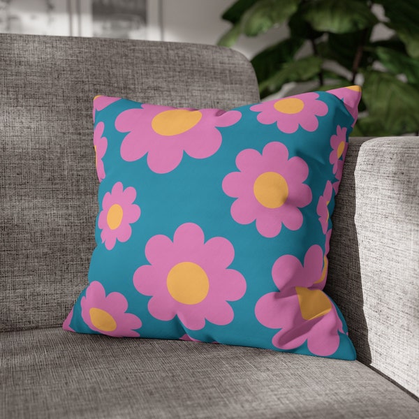 16x16 Blue and Pink Flower Pillowcase: Square Cushion Cover with Flowers Home Decor Spring Decor Bedroom Decor Gift Idea