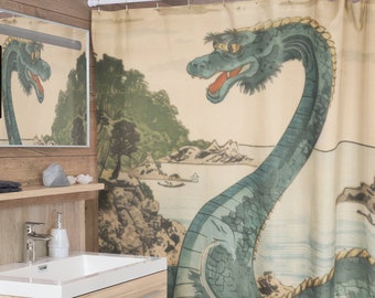 Nessie Shower Curtain - Japanese Ukiyo-e Art Themed Bathroom Decor - Unique Home Gift for Lochness Monster Lovers and CrytidCore Fans