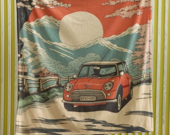 Retro Red Car Ukiyo-e Plush Blanket - Classic Car Throw with a Japanese Art Style - Perfect Gift for Automotive lovers and Ukiyo-e Fans