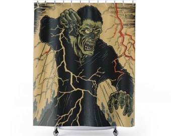 May include: A shower curtain featuring a vintage-style illustration of a green monster with black lightning bolts. The monster has a menacing expression and is depicted with a dark background.