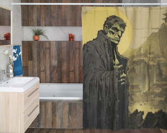 May include: Shower curtain featuring a stylized illustration of a stern-faced figure in a dark coat, set against a backdrop of a yellow sun and a mountain landscape with buildings. The color palette includes shades of gray, black, and yellow.