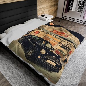 Black Retro Car Plush Blanket - Ukiyo-e Home Decor - Soft Throw Blanket with Japanese Art Inspired Automotive Design