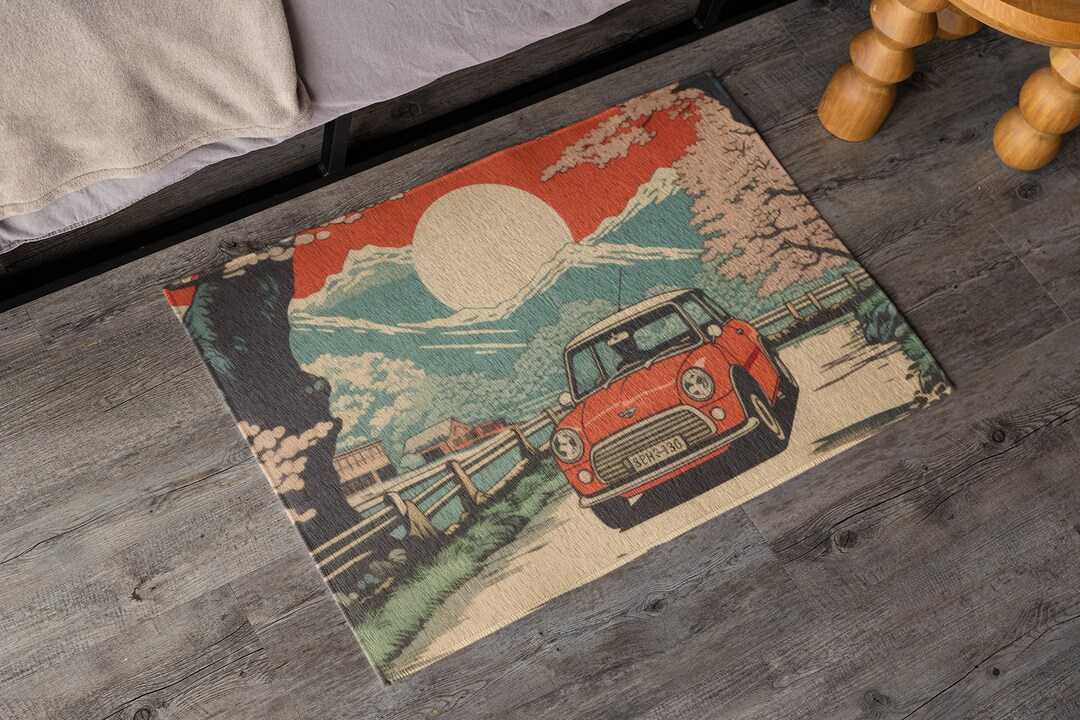 Retro Red Car Area Rug Ukiyoe Inspired Home Decor Japanese Art Style