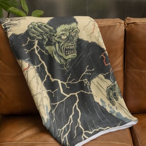 Frankenstein Plush Throw - Vintage Horror Design - Soft Cozy Blanket for Classic Monster Fans