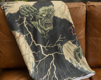Frankenstein Plush Throw - Vintage Horror Design - Soft Cozy Blanket for Classic Monster Fans