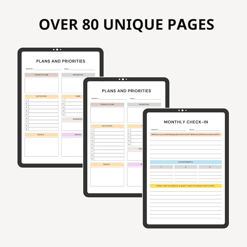 May include: Three digital planner pages with black borders. The first two pages are titled "Plans and Priorities" and have sections for "Today's Plan", "Activities", "Task", "Reminder", "Goals", and "Notes". The third page is titled "Monthly Check-In" and has sections for "What are my overall feelings about this month? What has shifted since last month?", "Achievements", and "Areas I want to embrace or goals I want to achieve next month."