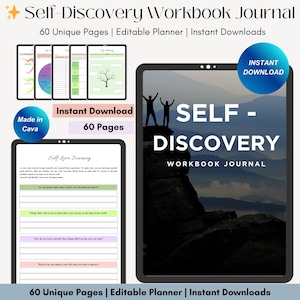 Pode incluir: Um download digital de um di&aacute;rio de trabalho de autodescoberta com 60 p&aacute;ginas &uacute;nicas. A capa apresenta a silhueta de uma pessoa em p&eacute; no topo de uma montanha com o texto "SELF-DISCOVERY WORKBOOK JOURNAL".