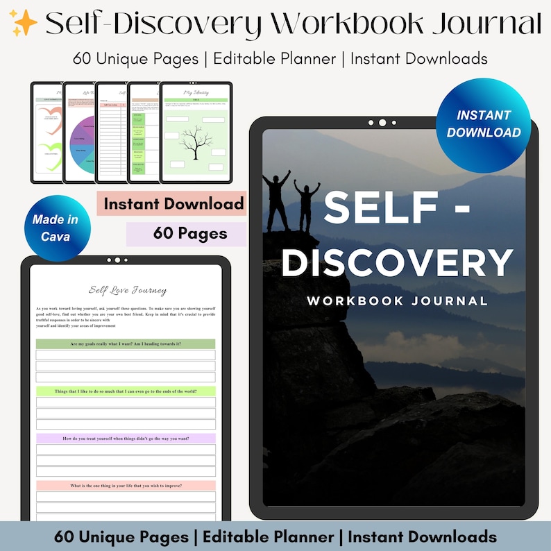 Pode incluir: Um download digital de um di&aacute;rio de trabalho de autodescoberta com 60 p&aacute;ginas &uacute;nicas. A capa apresenta a silhueta de uma pessoa em p&eacute; no topo de uma montanha com o texto "SELF-DISCOVERY WORKBOOK JOURNAL".