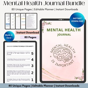 May include: A pink and white digital tablet with a pink background and a floral design. The tablet screen displays a pink and white design with the text "Mental Health Journal" and a graphic of a brain. The text "80 Unique Pages | Editable Planner | Instant Downloads" is displayed at the bottom of the screen.
