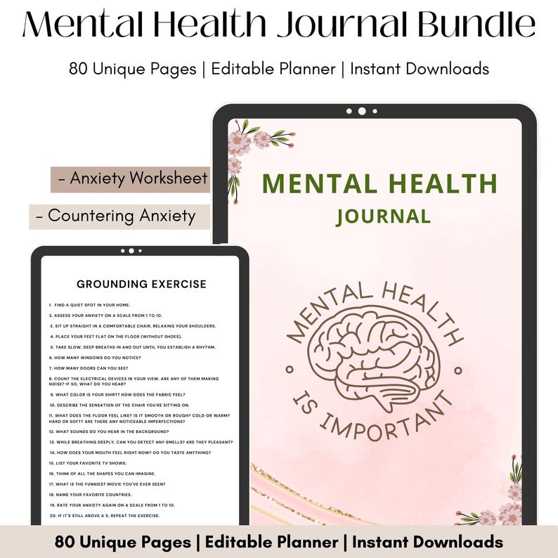 May include: A pink and white digital planner with a brain graphic and the text "Mental Health Journal" and "Mental Health is Important". The planner includes 80 unique pages and is editable. It is available for instant download.