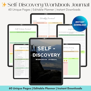 Pode incluir: Um planejador digital com o t&iacute;tulo "Self-Discovery Workbook Journal" e uma cena de montanha com duas figuras em p&eacute; num penhasco. O planejador inclui p&aacute;ginas para autoestima, autocuidado e di&aacute;rio semanal. Est&aacute; dispon&iacute;vel para download instant&acirc;neo.