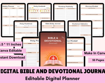 Könnte beinhalten: Digitales Bibel- und Andachtsjournal mit 50 Seiten, bearbeitbar in Canva. Enthält Tagesplaner, Dankbarkeitsprotokolle und Reflexionsaufforderungen. Das Journal ist 21,6 x 27,9 cm groß und hat ein Cover-Design mit einem Kreuz und einem offenen Buch.