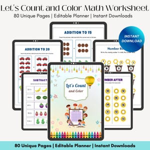May include: A colourful printable worksheet for children featuring a hot air balloon, crayons, and various maths problems. The worksheet is titled "Let's Count and Color Maths Worksheet" and includes the text "80 Unique Pages | Editable Planner | Instant Downloads".