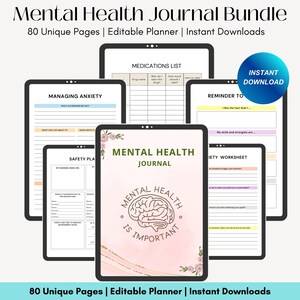 May include: A digital planner bundle for mental health journaling. The cover features a pink background with a brain illustration and the text "Mental Health is Important". The bundle includes pages for managing anxiety, medication lists, safety plans, and anxiety worksheets.