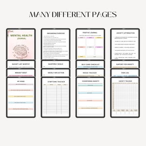 May include: A set of printable mental health journal pages with titles such as "Grounding Exercise", "Positive Journal", "Anxiety Affirmation", "Bucket List Worthy", "Quarterly Goals", "Self Care Checklist", "Support for Anxiety", "Mindset Reset", "Weekly Reflection", "Mood Tracker", "Pain Log", "My Mind", "Symptoms Tracker", "Countering Anxiety", and "Anxiety Tracker".