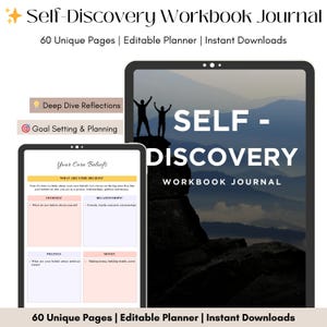 Pode incluir: Uma capa de di&aacute;rio de caderno de trabalho digital com uma cena de montanha e o texto "Self-Discovery Workbook Journal" em preto e branco. A capa tamb&eacute;m inclui o texto "60 Unique Pages | Editable Planner | Instant Downloads".