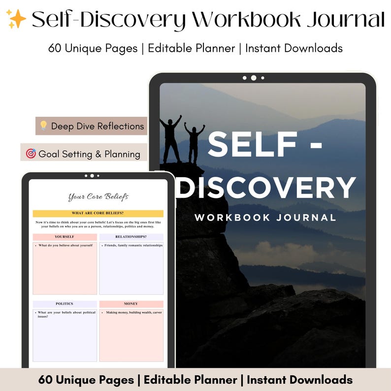 Pode incluir: Uma capa de di&aacute;rio de caderno de trabalho digital com uma cena de montanha e o texto "Self-Discovery Workbook Journal" em preto e branco. A capa tamb&eacute;m inclui o texto "60 Unique Pages | Editable Planner | Instant Downloads".