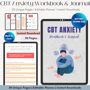 CBT Anxiety Journal Printable, Manage Worries Workbook, Anxiety Workbook, CBT Worksheet, Cognitive Behavioral Therapy, Self Care Journal