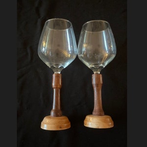 Pair of Wine Glasses: wood turning, maple base with walnut stem