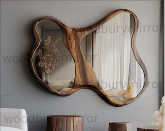 Asymmetrical Walnut Wooden Frame Mirror, Irregular Mirror, Home decor mirror, Walnut Frame