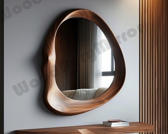 Asymmetrical Walnut Wooden Frame Mirror, Irregular Mirror, Home decor mirror, Walnut Frame