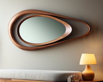 Asymmetrical Wooden Frame Mirror, Irregular Mirror, Home decor mirror,