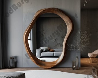 Asymmetrical Walnut Wooden Frame Mirror, Irregular Mirror, Home decor mirror, Walnut Frame